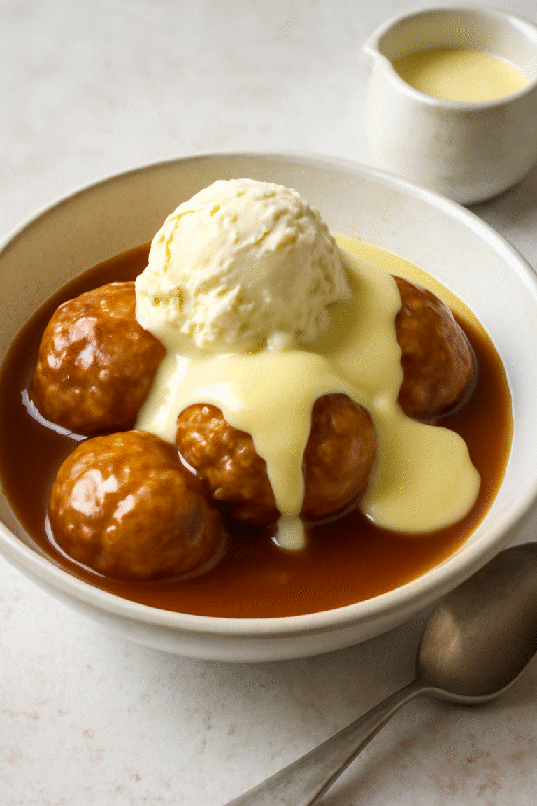 Caramel Dumplings with Ice Cream and Custard