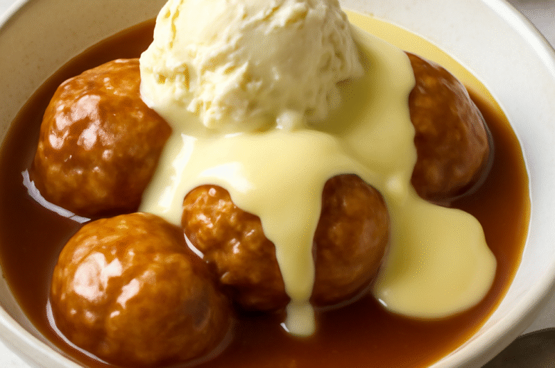 Caramel Dumplings with Ice Cream and Custard